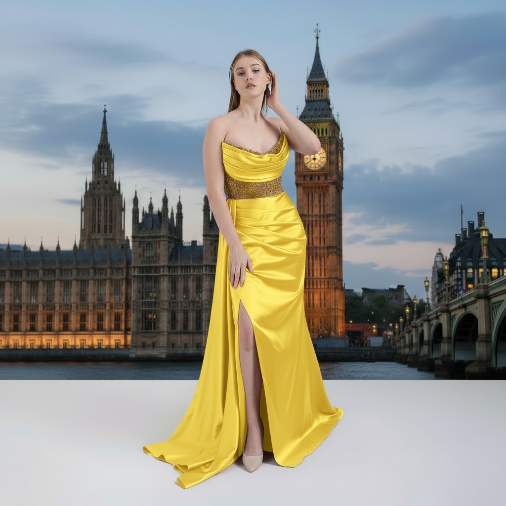 Luxury Draped Satin Evening Gown with Crystal Belt | WS-20-25-C | 4 Colours