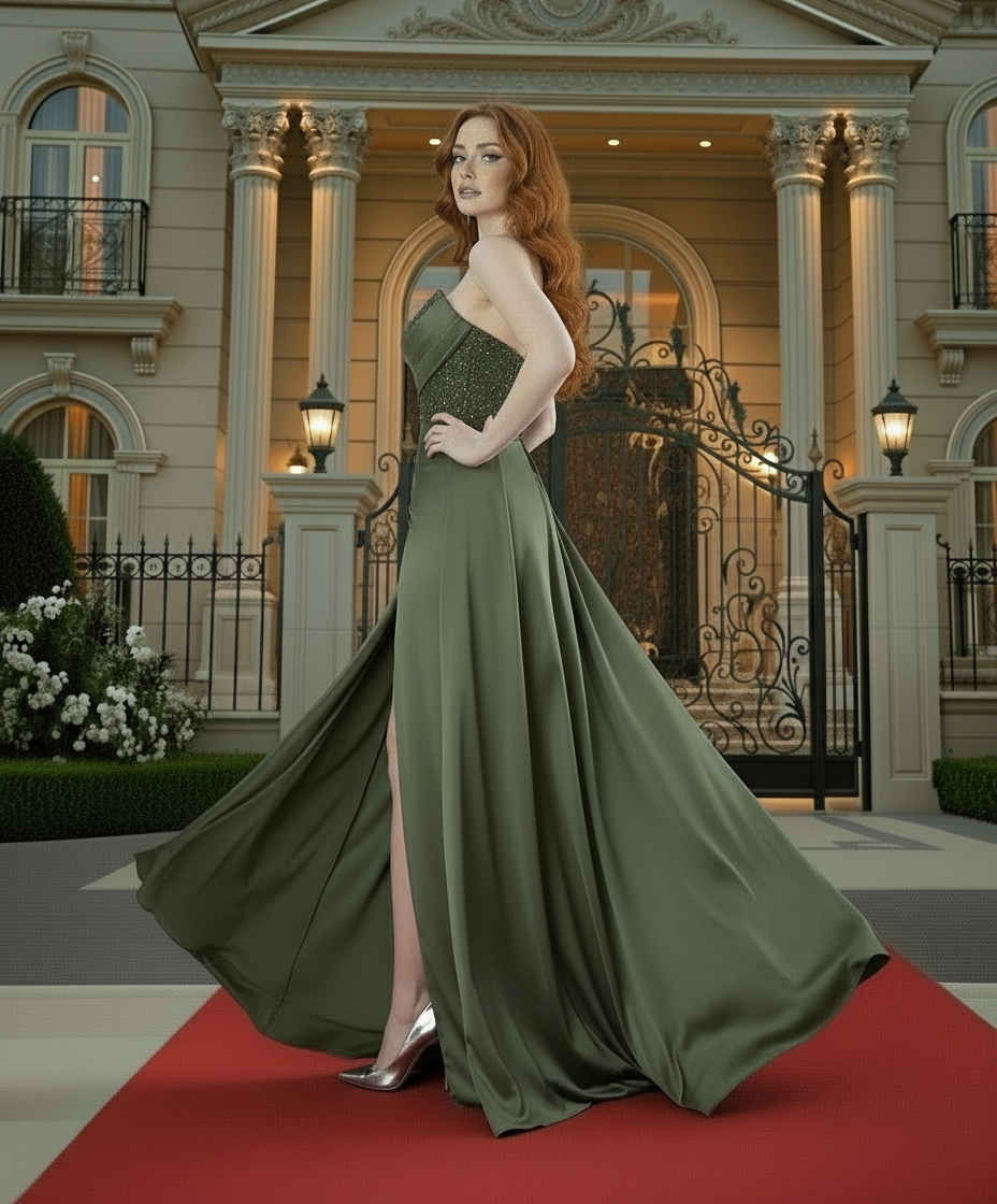 Strapless Draped Satin Evening Gown | Mint, Old Green, Champagne Black Pink