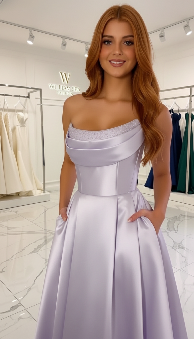 Strapless Draped Satin Evening Gown | Lilac & Sky Blue - Long & Midi