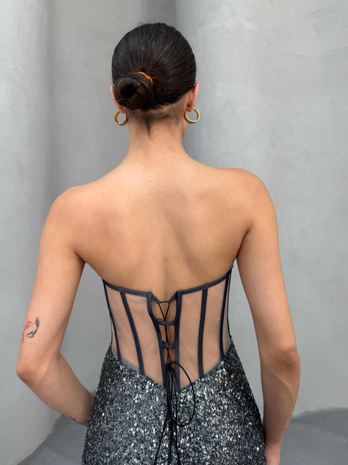 Dark Silver Sequin Plunge Neck Mermaid Gown with Corset Back - Custom Order