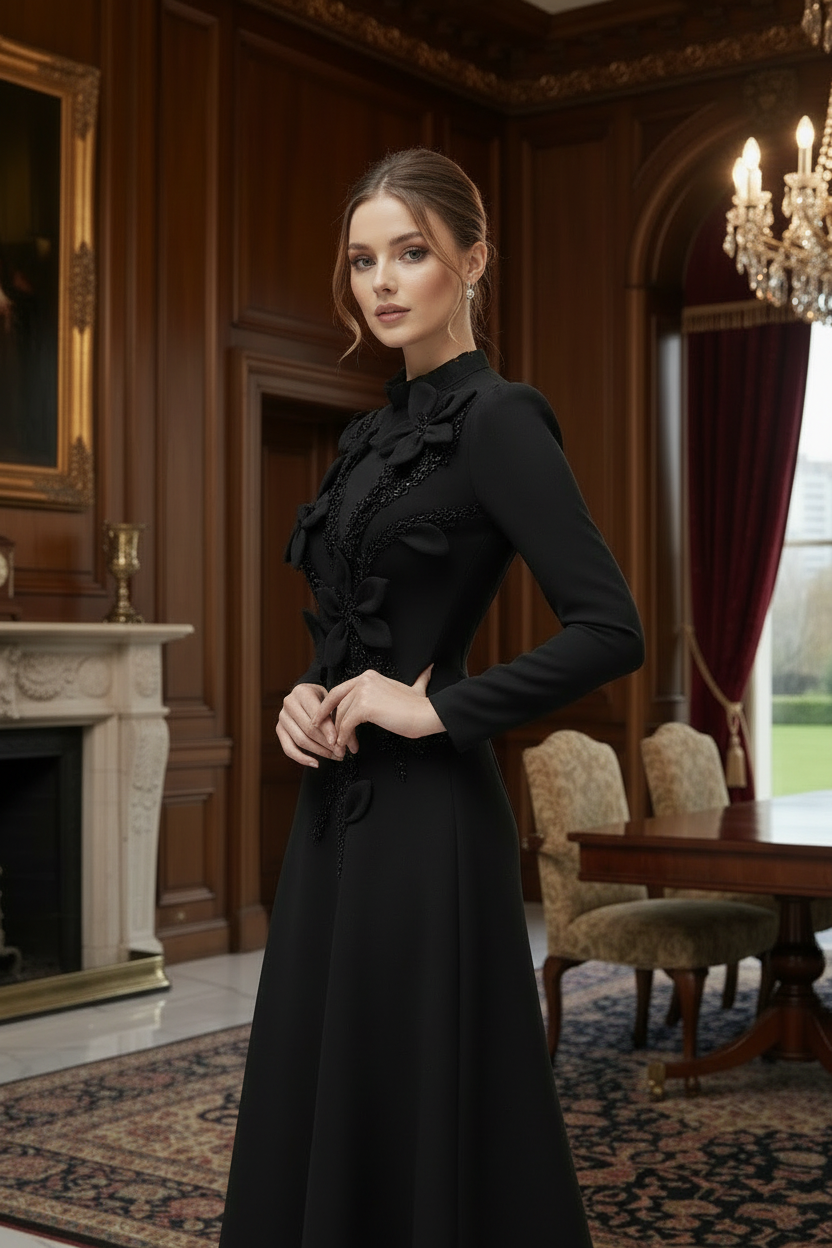 Elegant Long Sleeve Princess Dress with Floral Embellishment