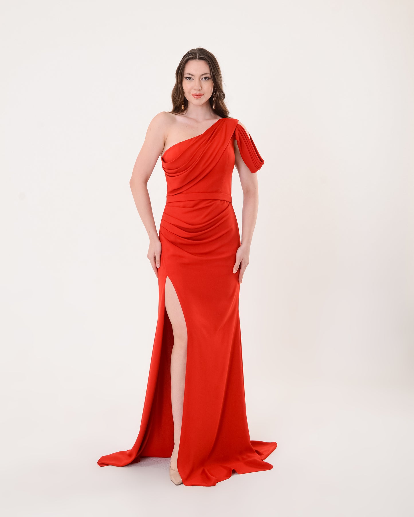 Scarlet One-Shoulder Evening Gown with Thigh Slit