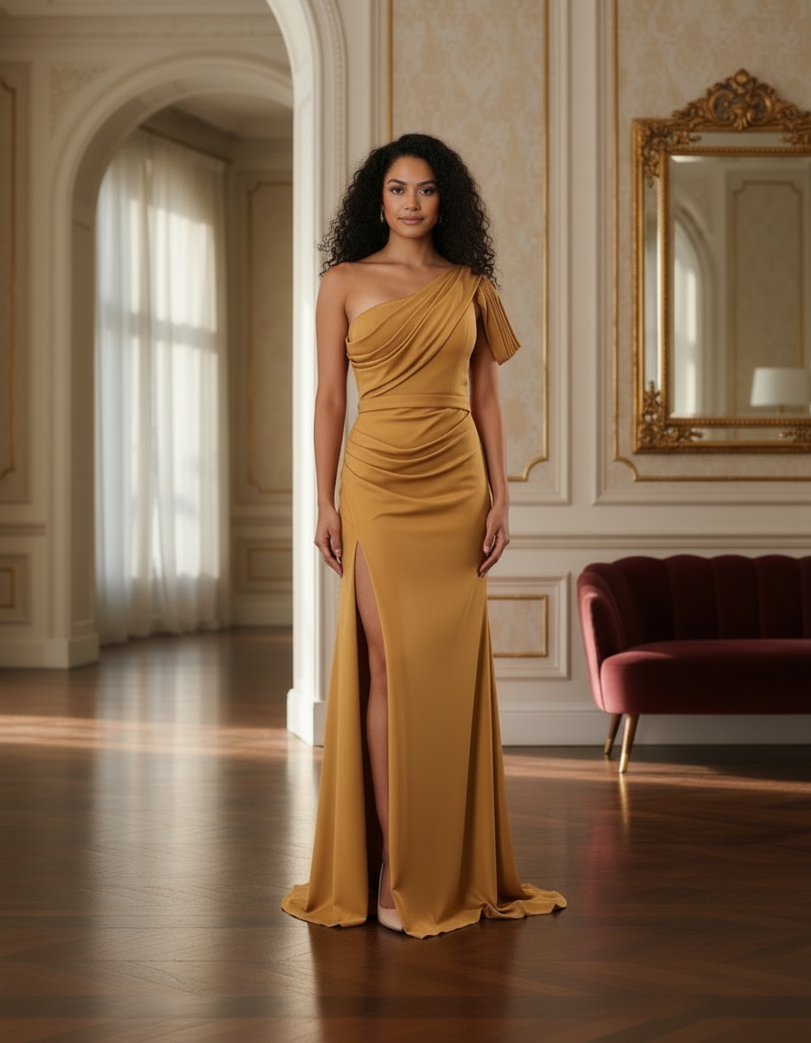 Scarlet One-Shoulder Evening Gown with Thigh Slit