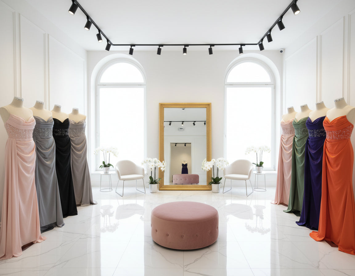 Row of colorful satin dresses on hangers against a white wall.