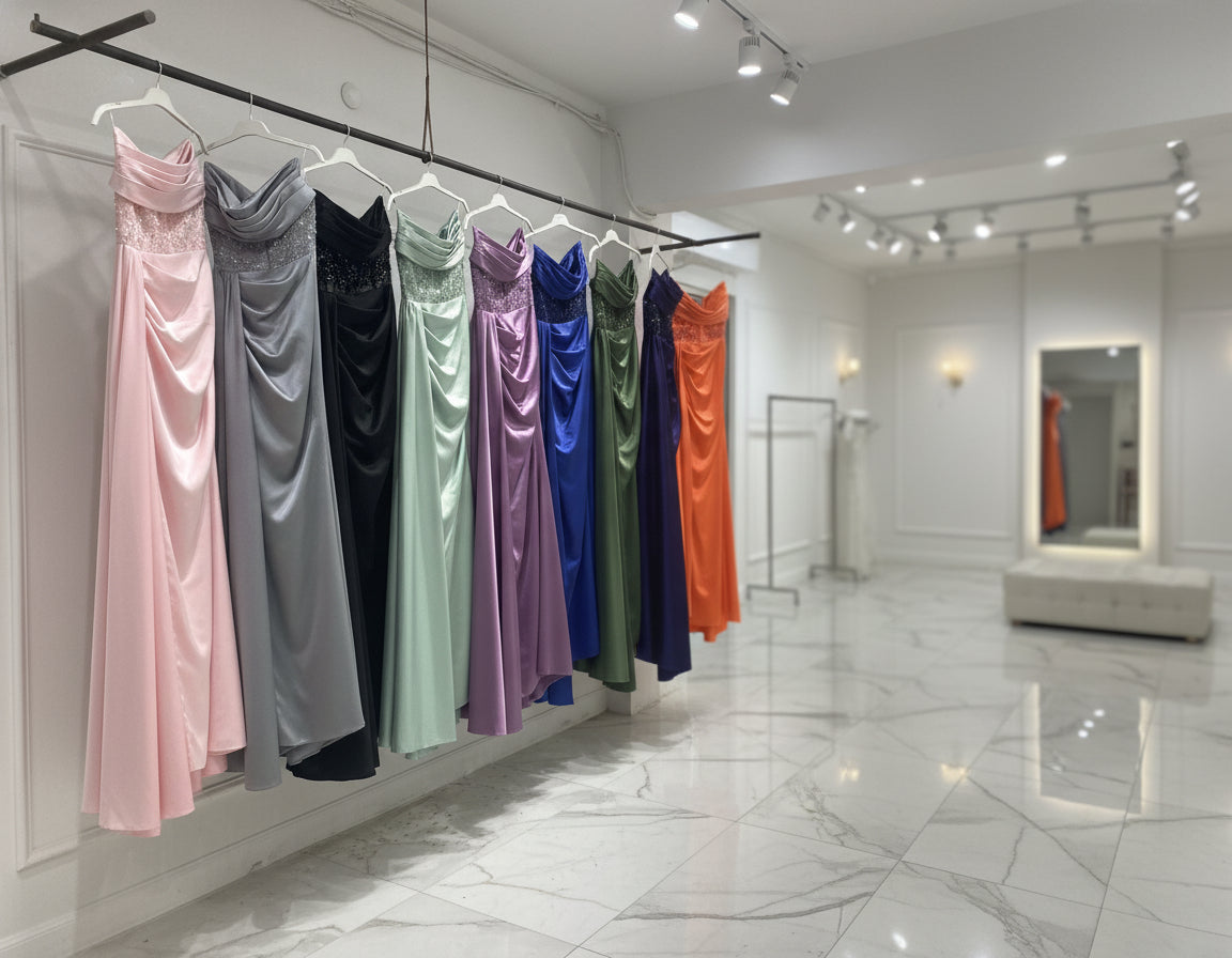 Row of colorful satin dresses on hangers against a white wall.