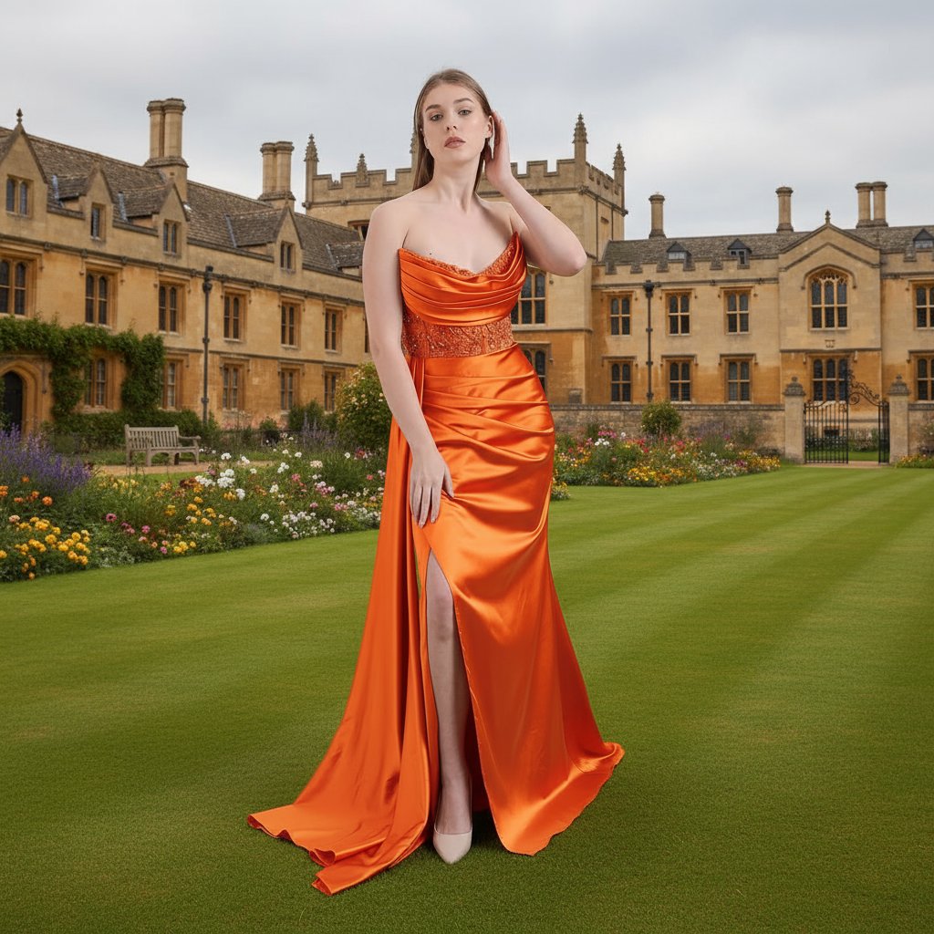 Luxury Draped Satin Evening Gown with Crystal Belt | WS-20-25-B | 3 Colours