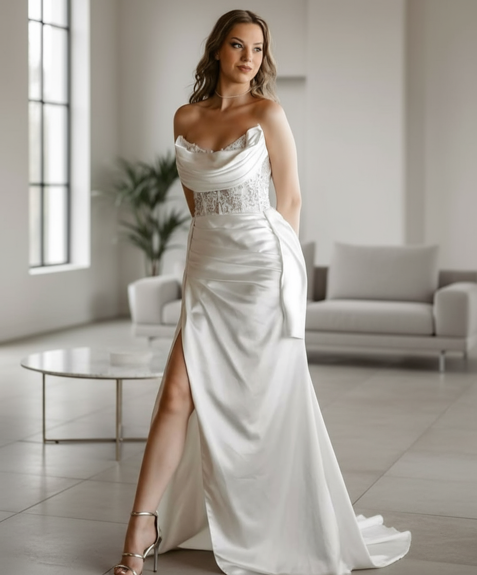 Woman in a white strapless gown with lace detailing in an indoor setting.