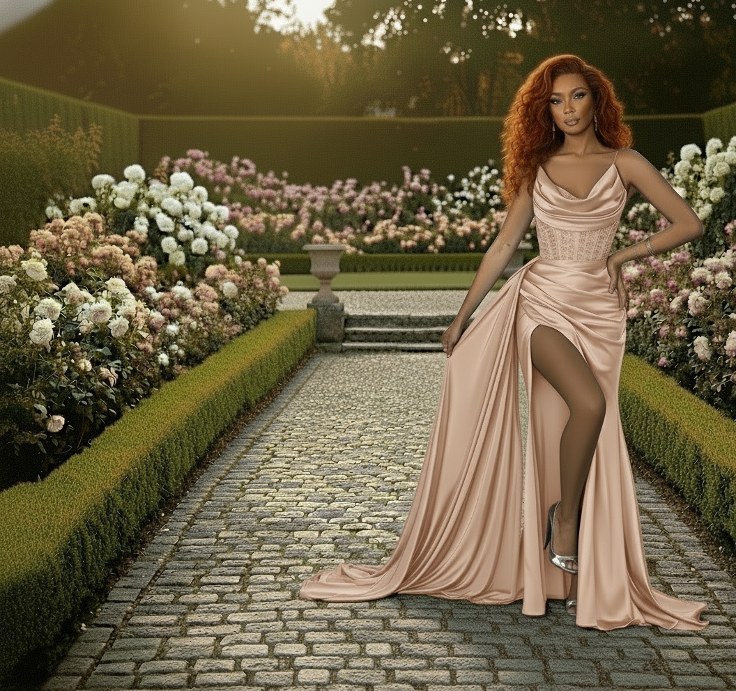 Woman in a elegant dress standing on a cobblestone path with flowers in the background