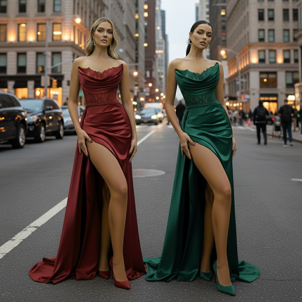 Two women in red and green evening gowns on a city street at night.