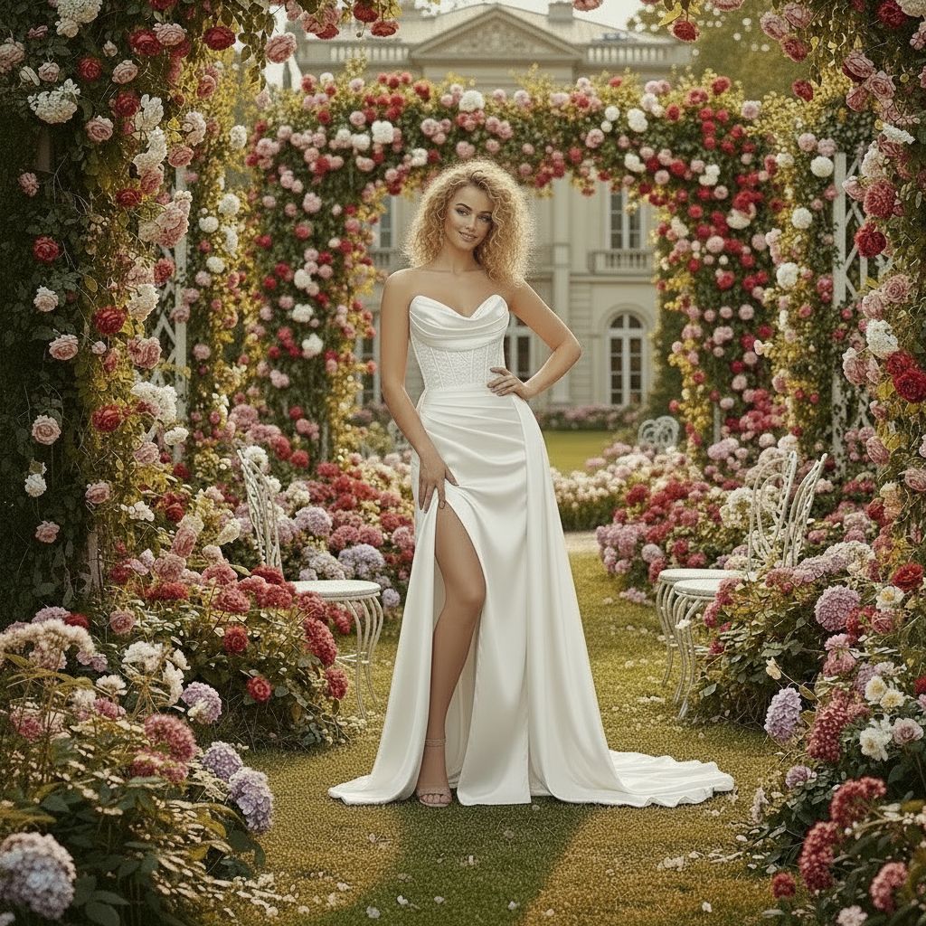 Woman in a white dress standing amidst a floral archway with a grand building in the background