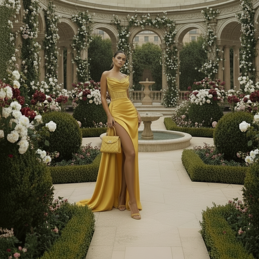 Strapless Draped Satin Evening Gown | Red Green Navy Yellow