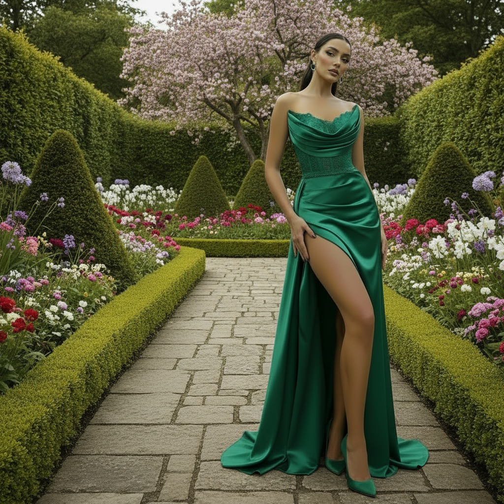 Strapless Draped Satin Evening Gown | Red Green Navy Yellow