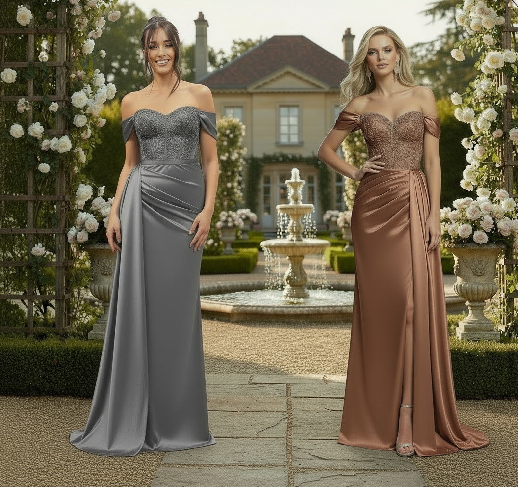 Two women in elegant evening gowns standing in a garden with a fountain.