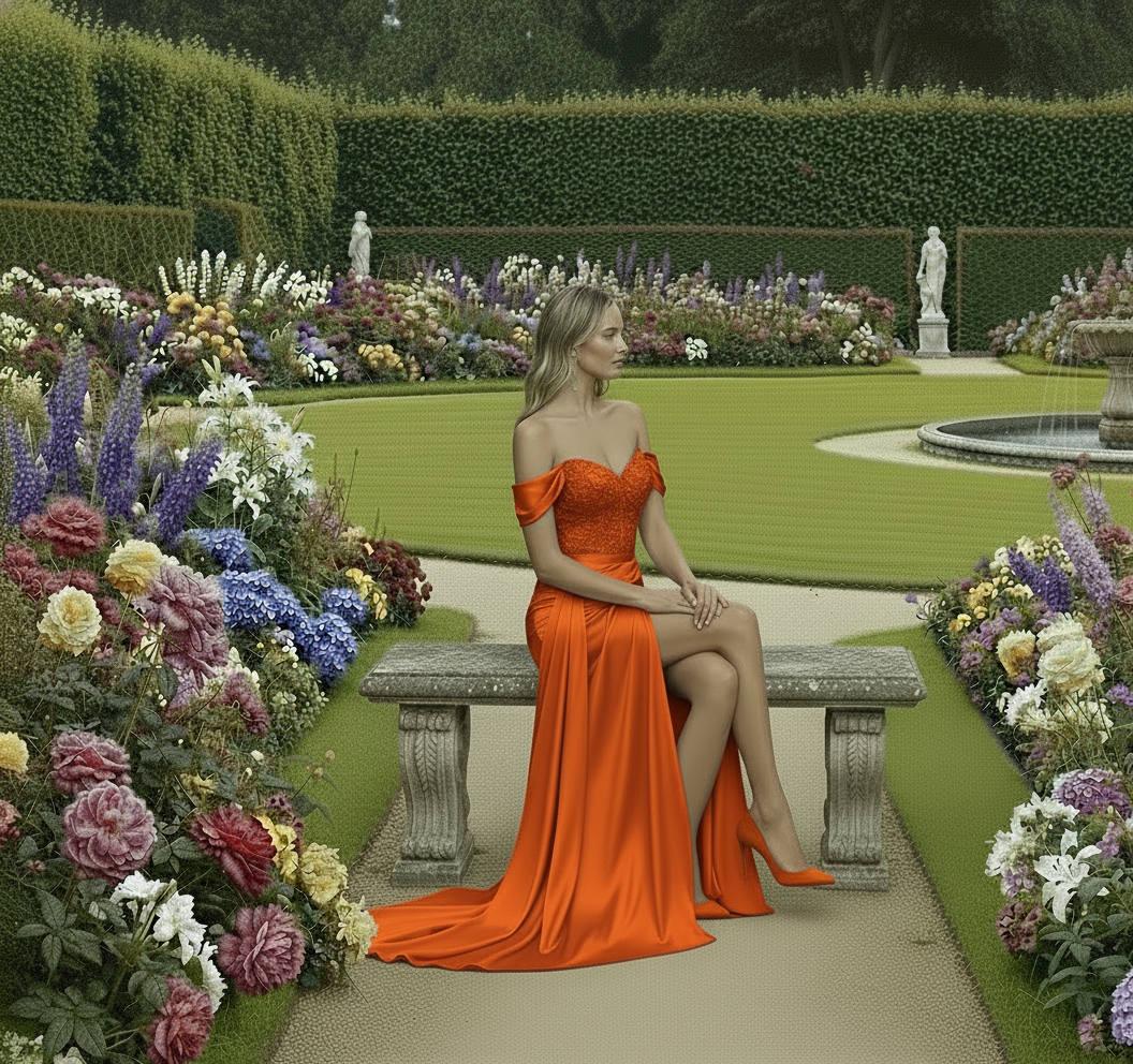 Woman in an orange dress sitting on a bench in a garden with colorful flowers and statues.