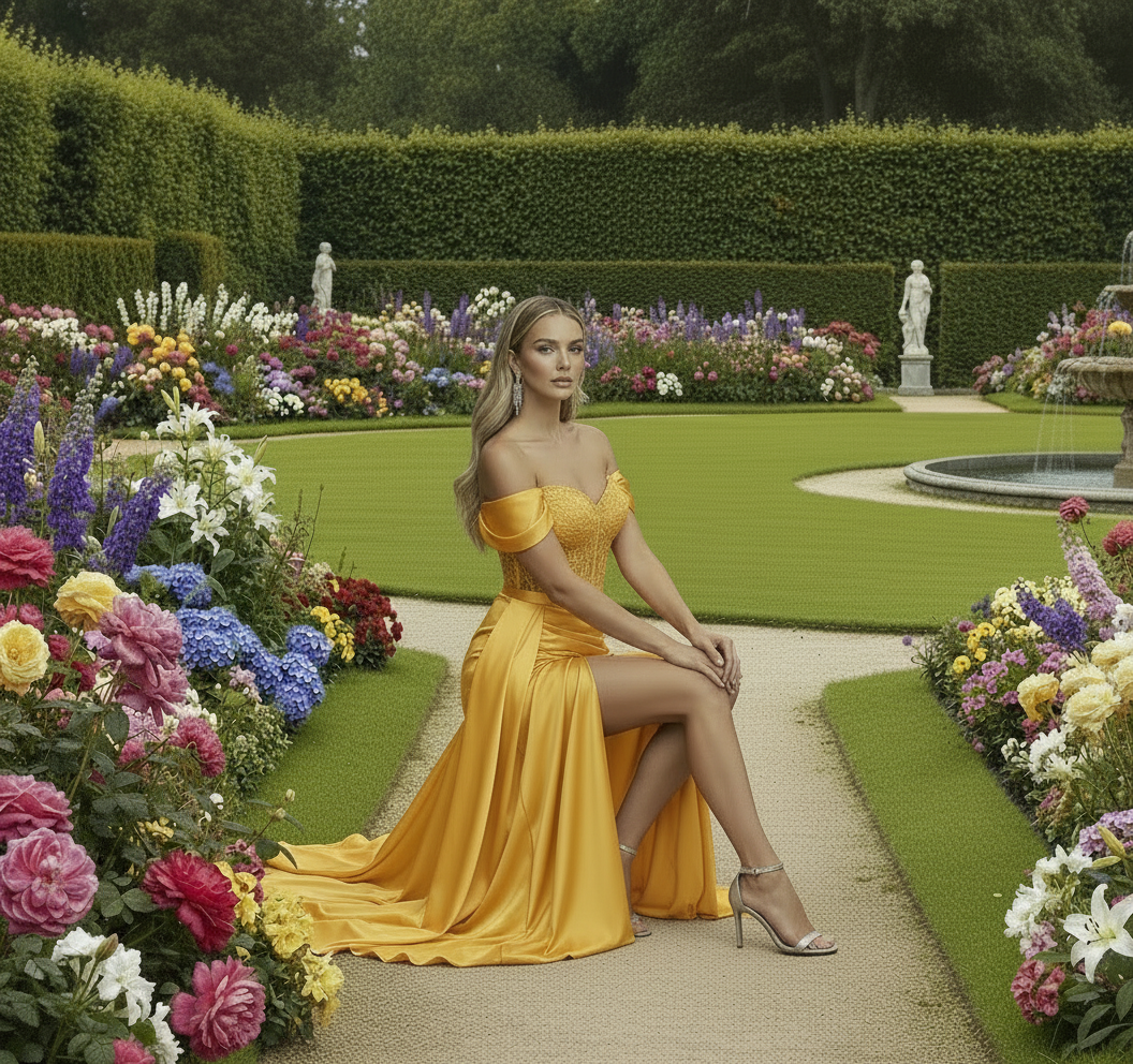 Woman in a yellow evening gown standing in a garden with colorful flowers and statues.