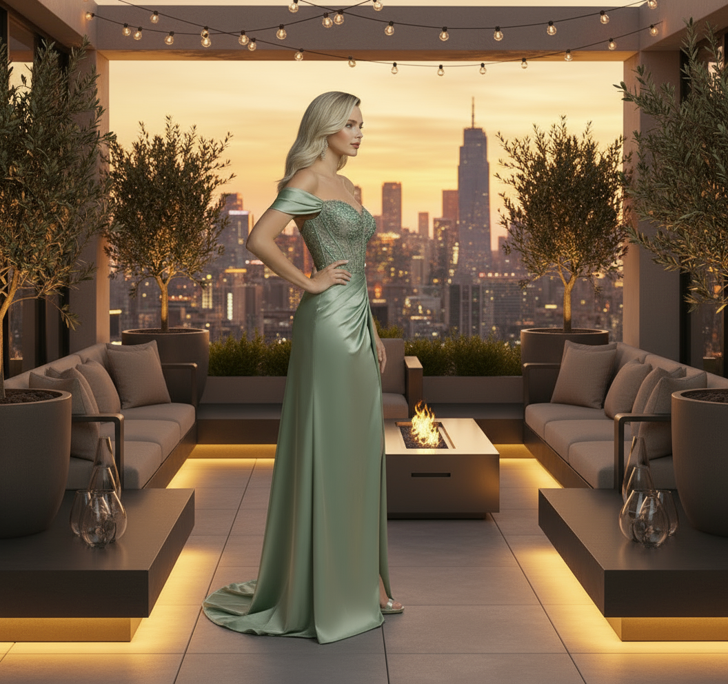 Woman in a green evening gown standing on a rooftop with city skyline view