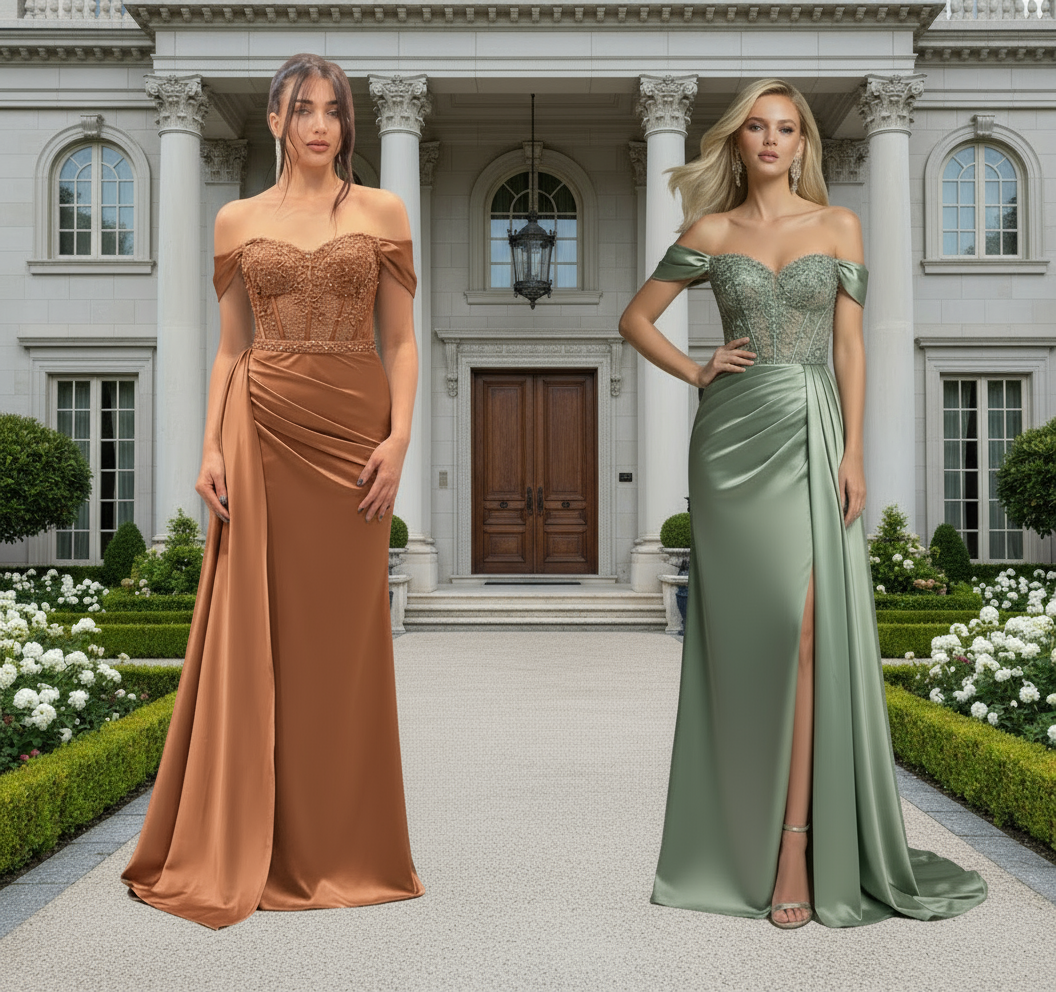 Two women in elegant evening gowns standing in front of a classical building.