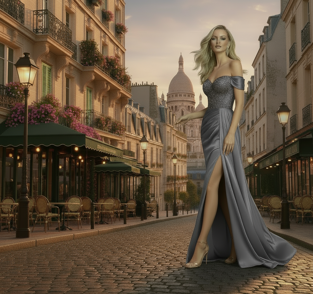 Woman in a elegant dress standing on a Parisian street with the Sacré-Cœur in the background