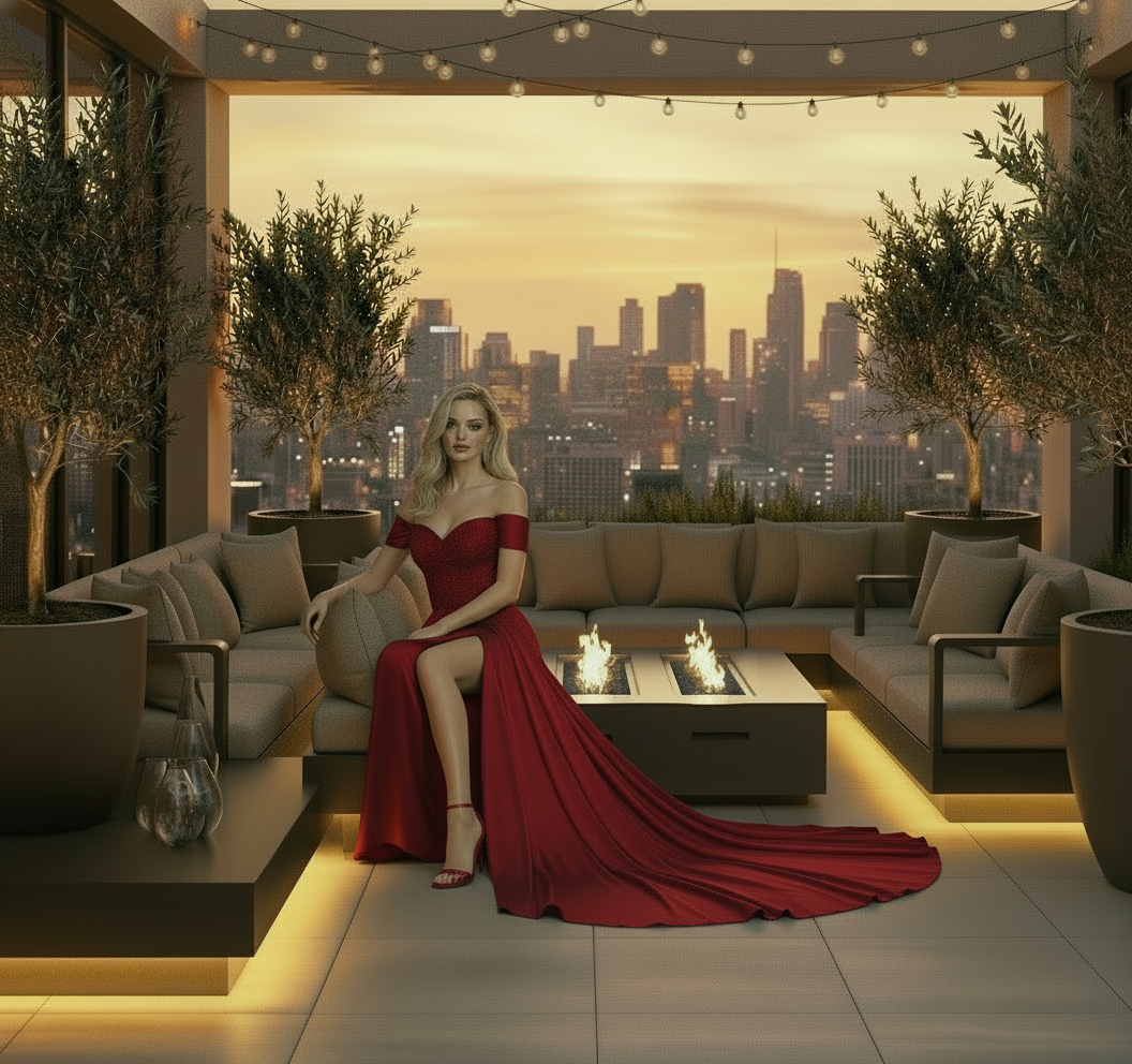Woman in a blue evening gown standing on a rooftop with city skyline in the background