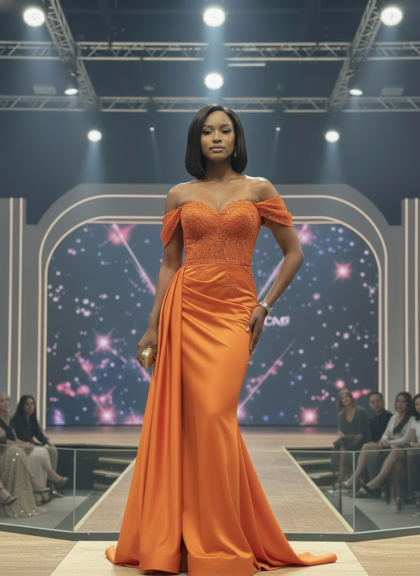 Model wearing an orange off-shoulder gown on a fashion show runway with a space-themed backdrop.
