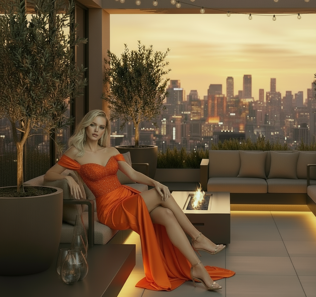 Woman in an orange dress sitting on a rooftop with a cityscape view at sunset.
