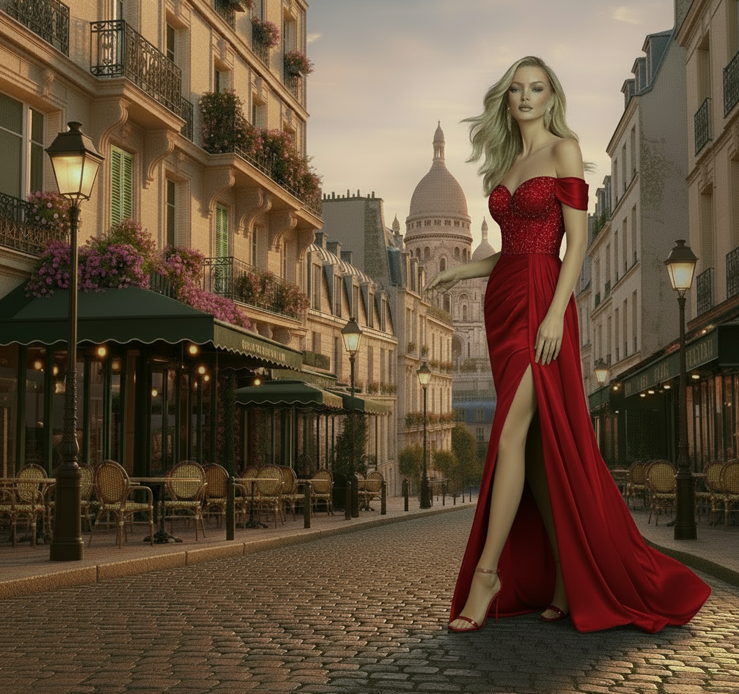 Woman in a red evening gown standing on a Parisian street with a cathedral in the background