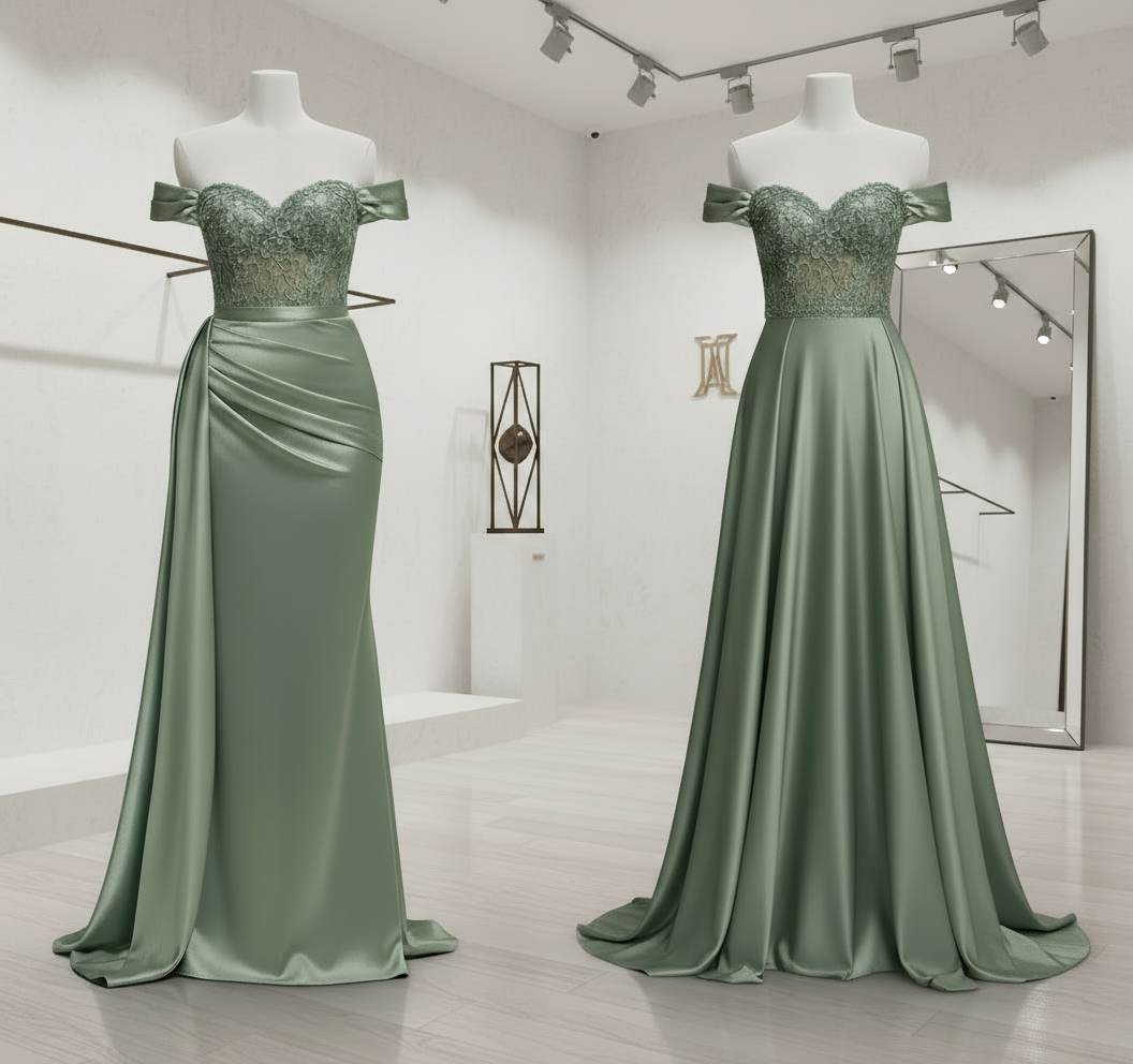 Luxury Off-Shoulder Lace Bodice Evening Gown | Royal Blue, Mint, Gray, Copper | WS-2026-001