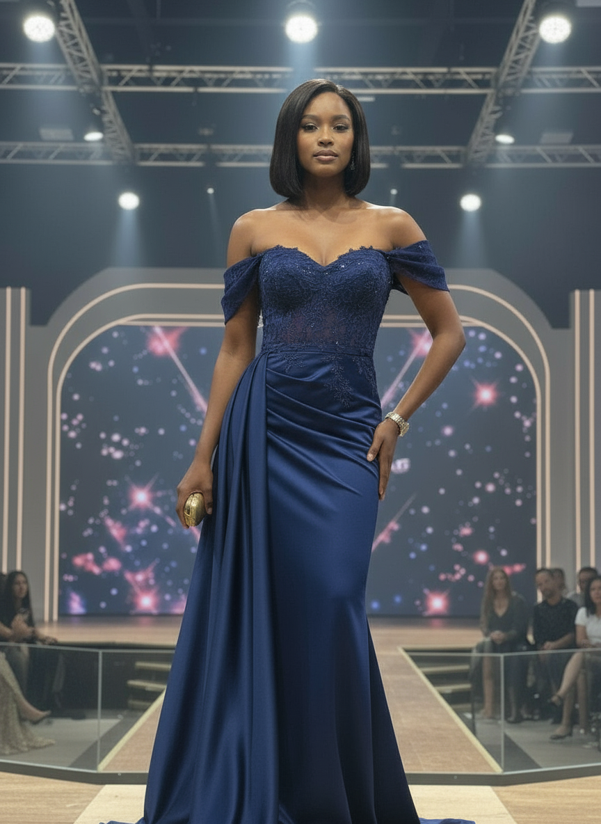 Model wearing a blue evening gown on a runway with a starry background
