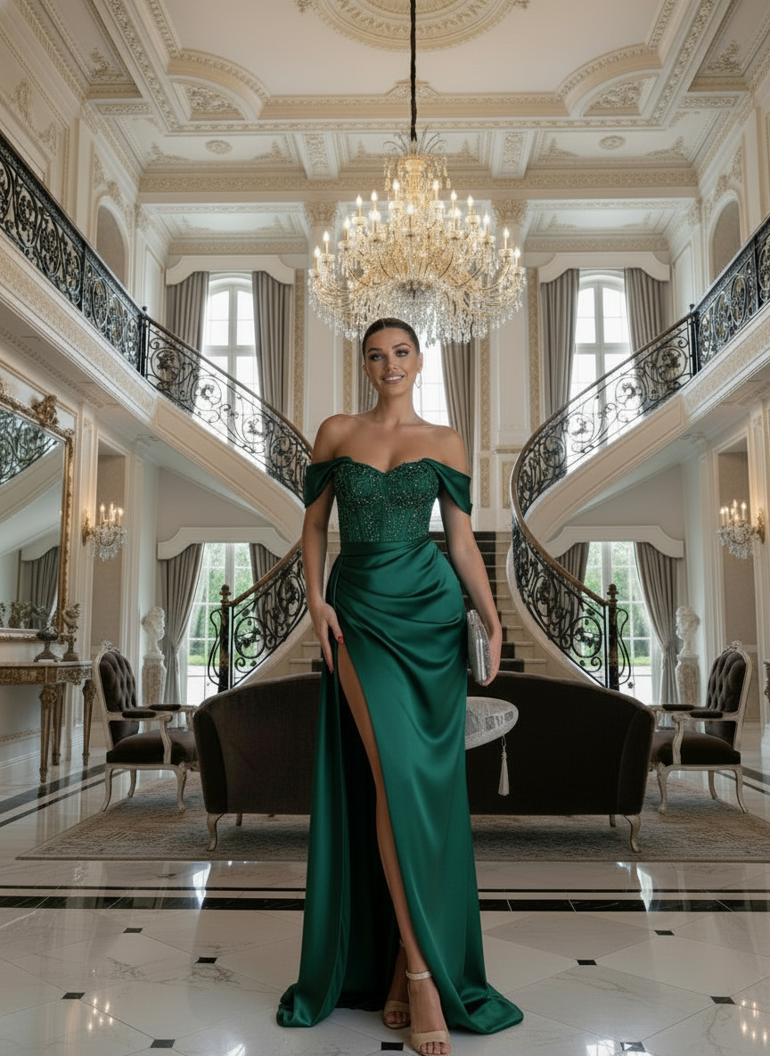 Off-Shoulder Lace Bodice Evening Gown | Red Black Green Beige | WS-2026-0053