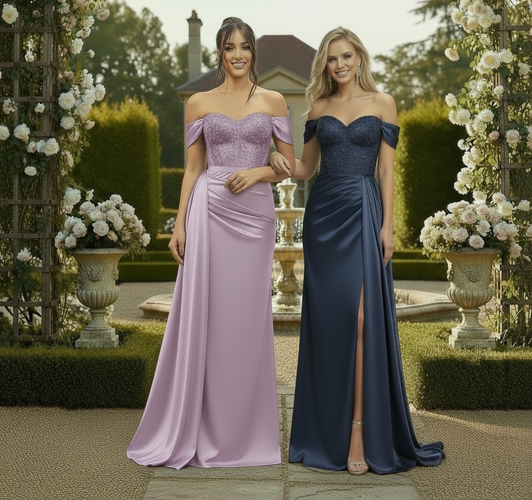 Two women in elegant evening gowns standing in a garden with a fountain.