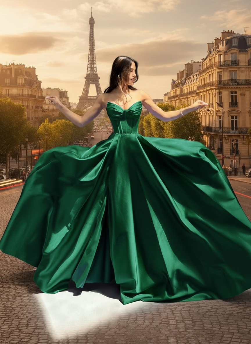 Woman in a green gown standing in front of the Eiffel Tower.