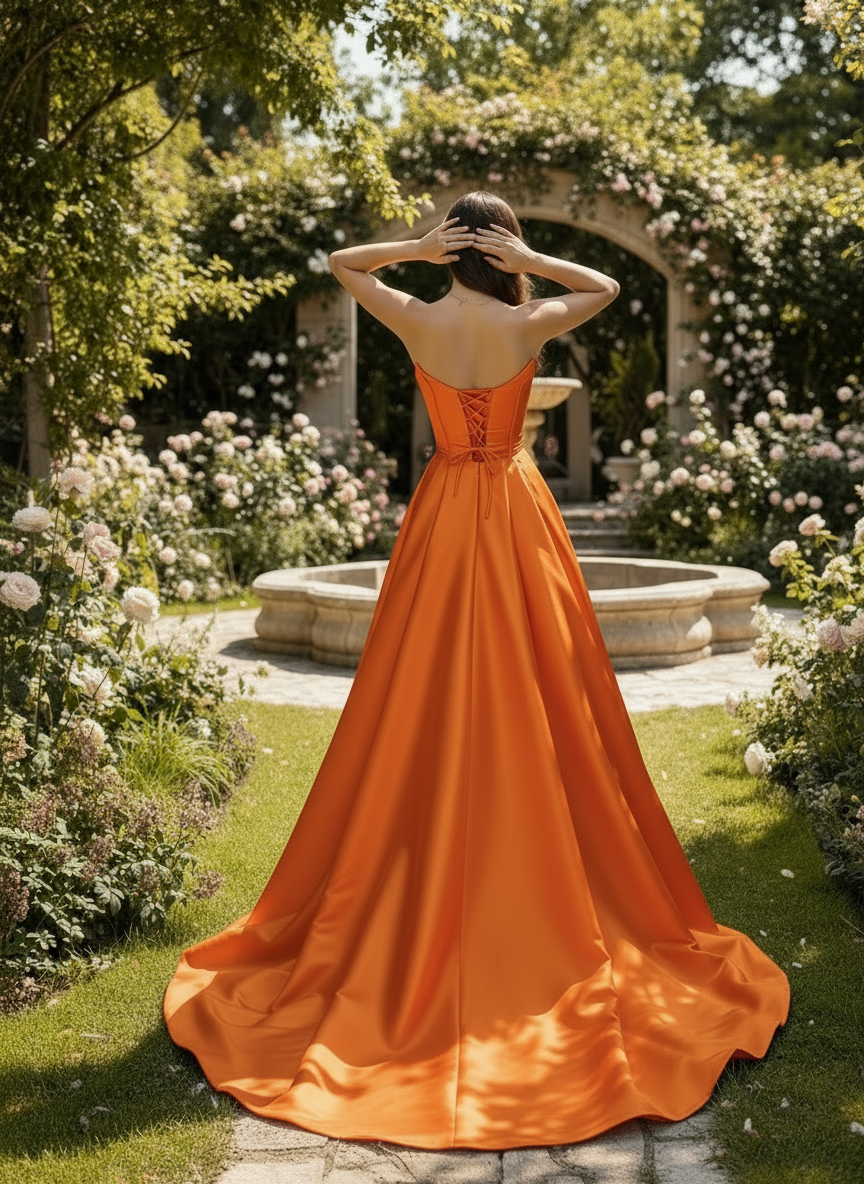 Woman in an orange evening gown standing in a garden with flowers and a stone archway.