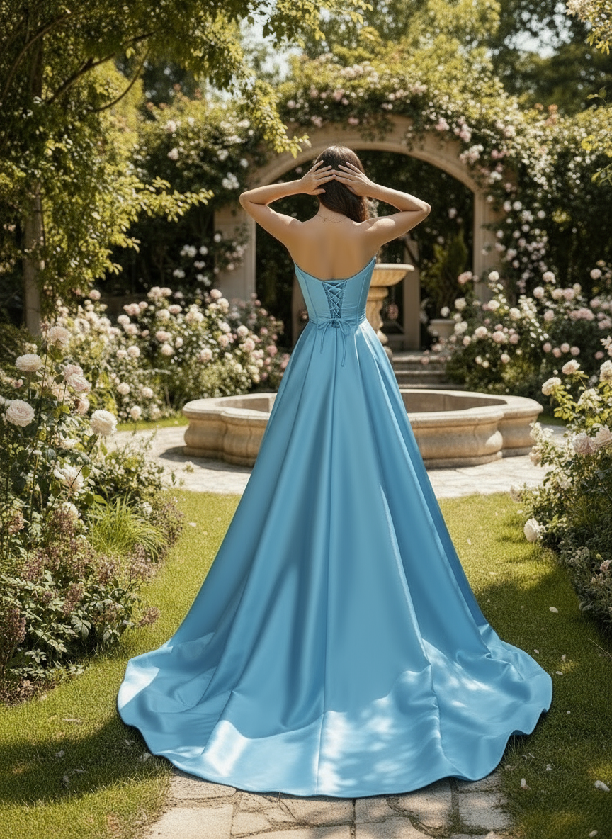 Woman in a light blue evening gown standing in a garden with flowers and an archway.