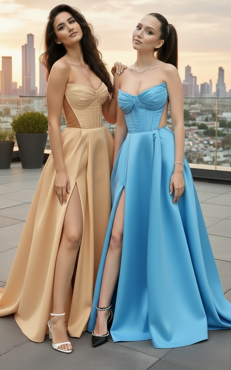 Two women in elegant evening gowns standing on a rooftop with a cityscape background.