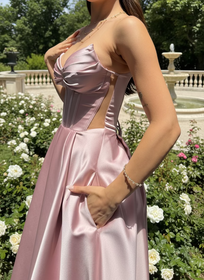 Woman wearing a pink satin dress with a floral garden background