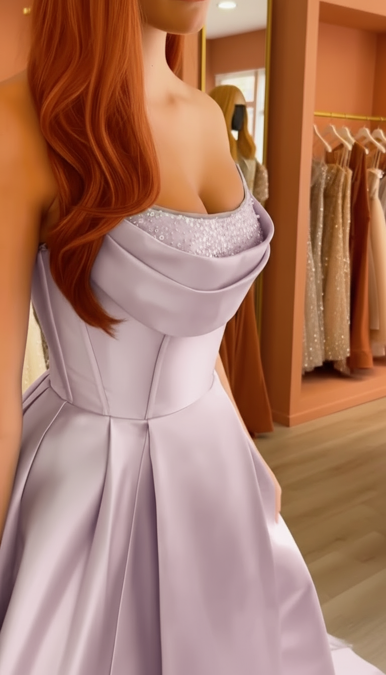 Woman wearing a light purple off-shoulder dress in a fitting room