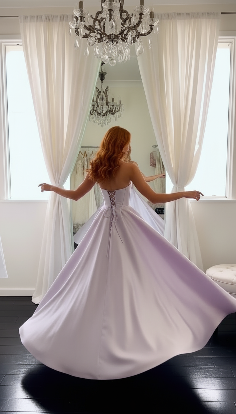 Woman in a white wedding dress standing in a room with white curtains and chandeliers.