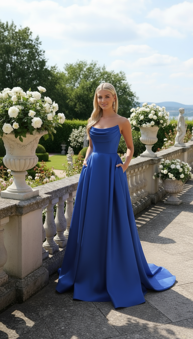 Woman in a blue evening gown standing in an elegant outdoor setting with floral arrangements.