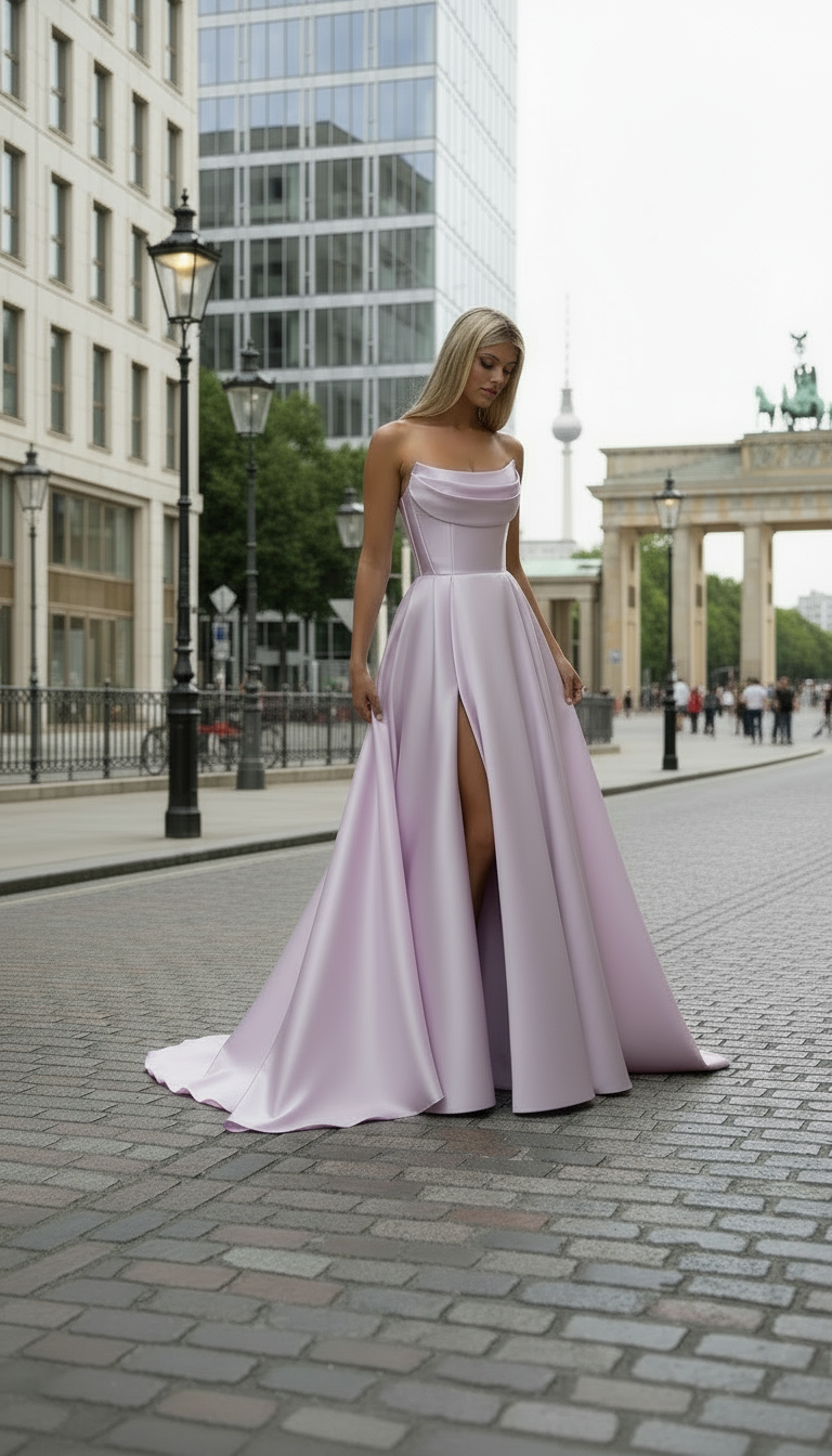 Strapless Draped Satin Evening Gown | Lilac & Sky Blue - Long & Midi