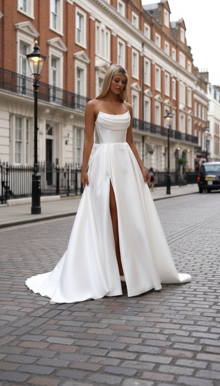 Woman wearing a white wedding dress with a slit in a showroom setting.
