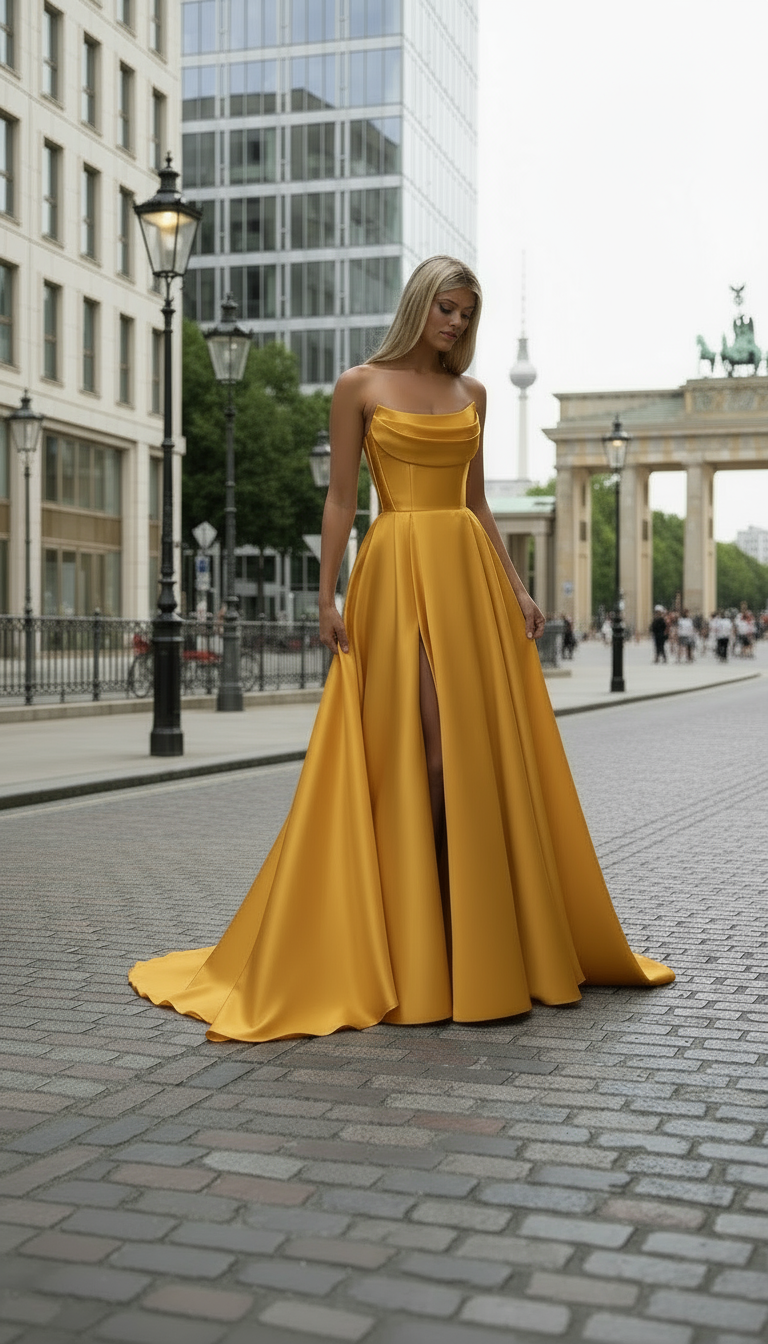 Woman in a yellow strapless gown standing on a city street with a building in the background