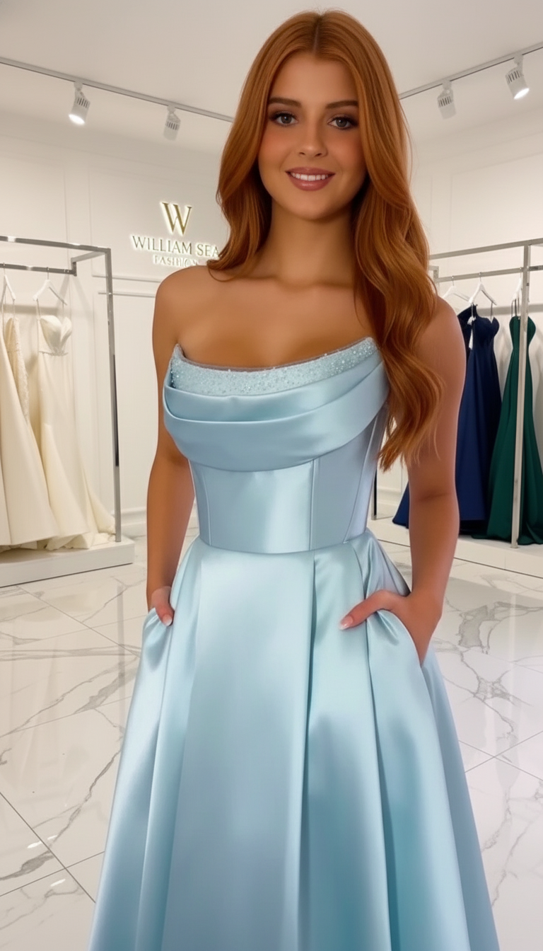 Woman wearing a light blue strapless gown with colorful dresses in the background
