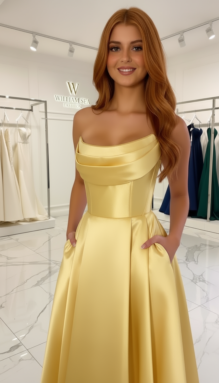 Woman wearing a light Yellow off-shoulder gown in a store setting.