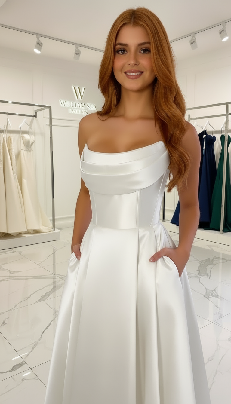 Woman wearing a white one-shoulder dress in a store setting