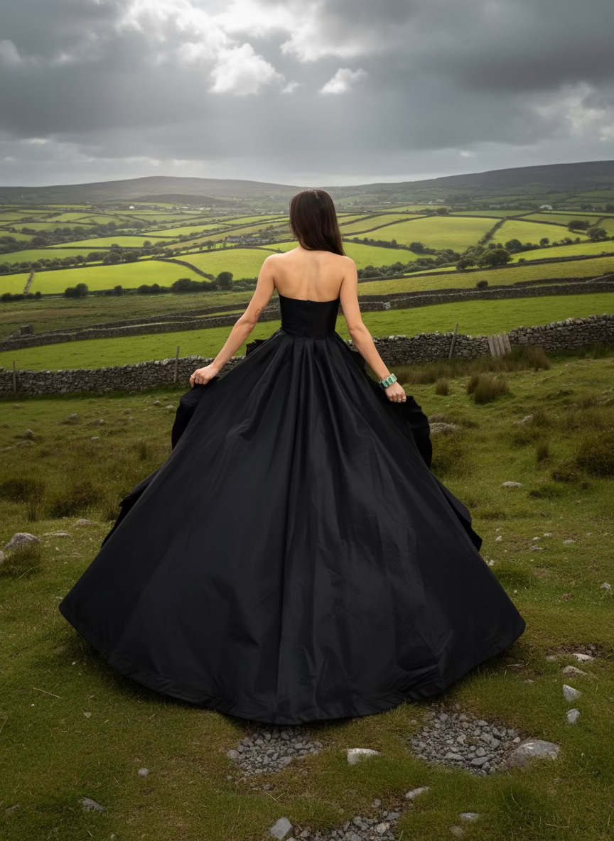 Woman in a black strapless gown standing in a field with a scenic view of green hills and clouds.