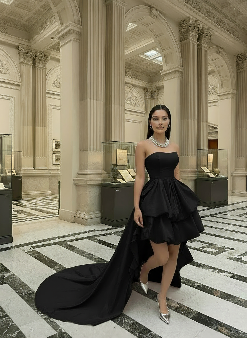 Woman in a black strapless dress standing in an elegant interior setting