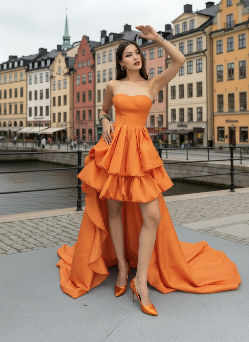 Woman in an orange strapless dress standing in an urban setting with buildings and water in the background.