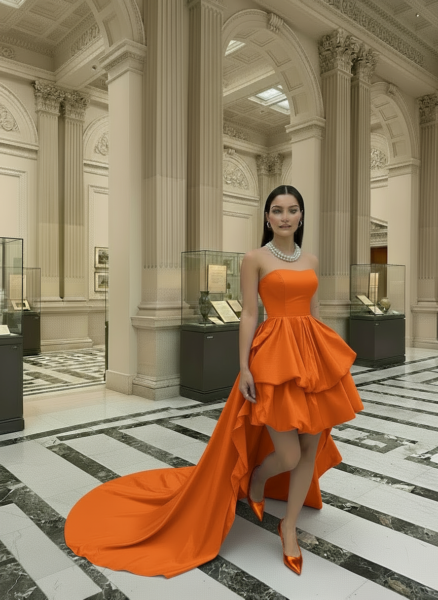 Woman in an orange dress standing in a grand hallway with high ceilings and marble floors.
