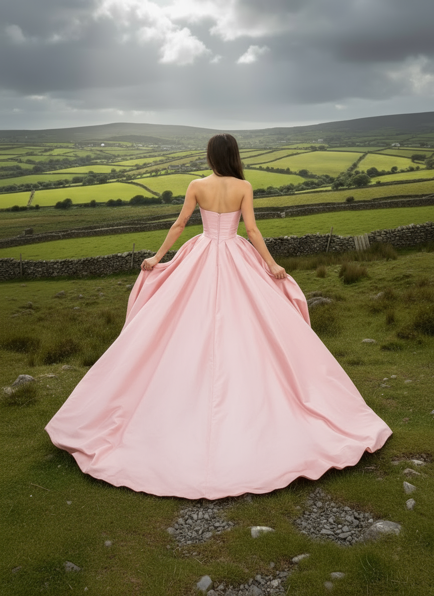 Woman in a pink dress standing in a field with a scenic landscape.