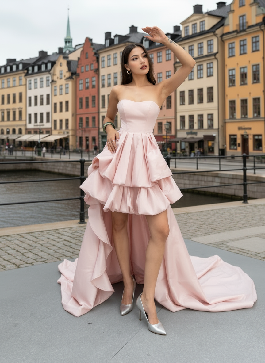 Woman in a pink strapless dress standing in an urban setting with colorful buildings.